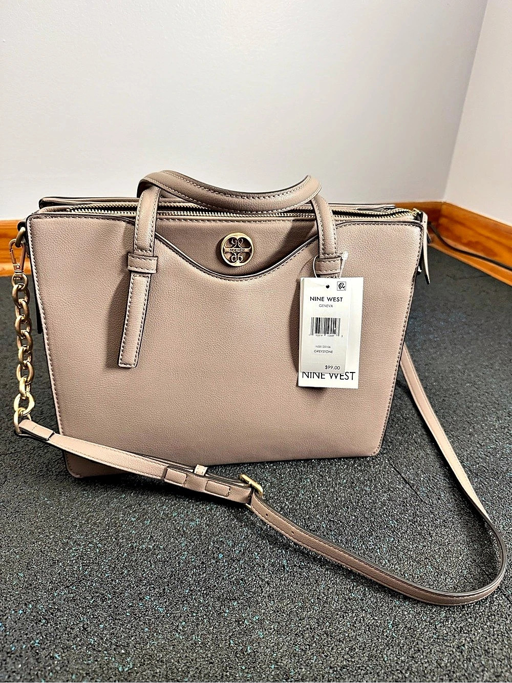 Nine West Geneva Greystone Satchel with Tags & Chain Detail Strap NWT